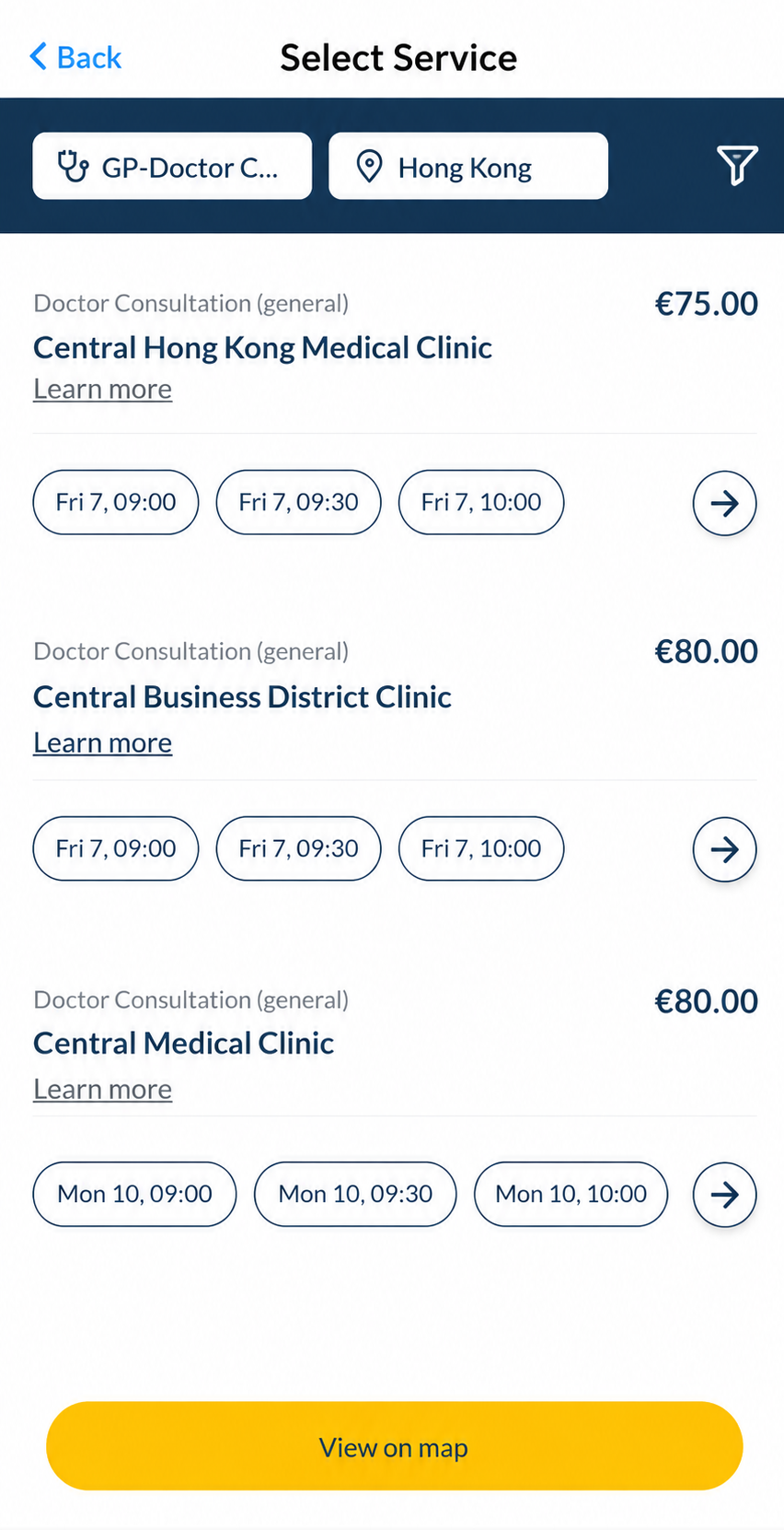 Health4Travel app results screen listing clinics with prices and available appointment times