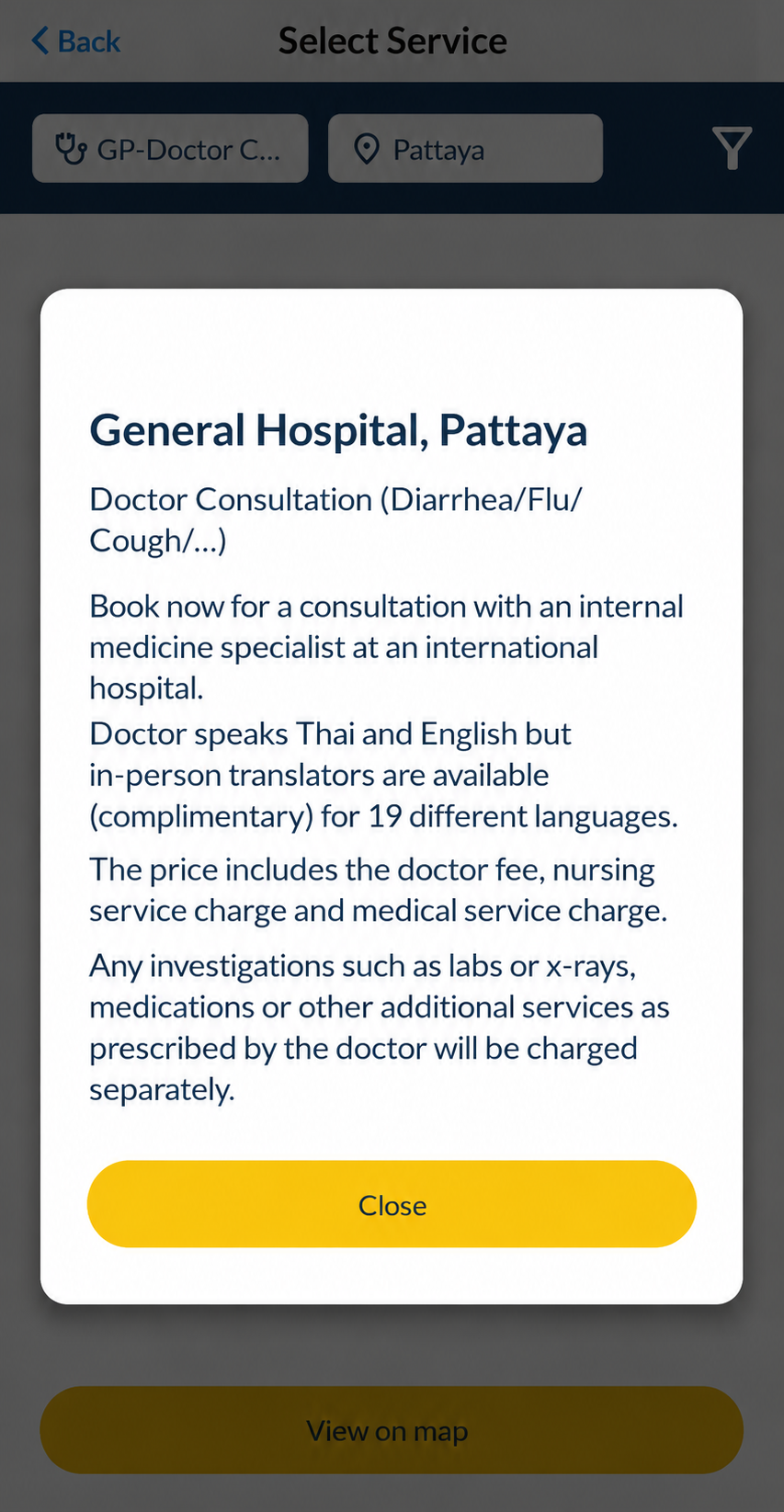 Health4Travel app screen showing provider details before booking