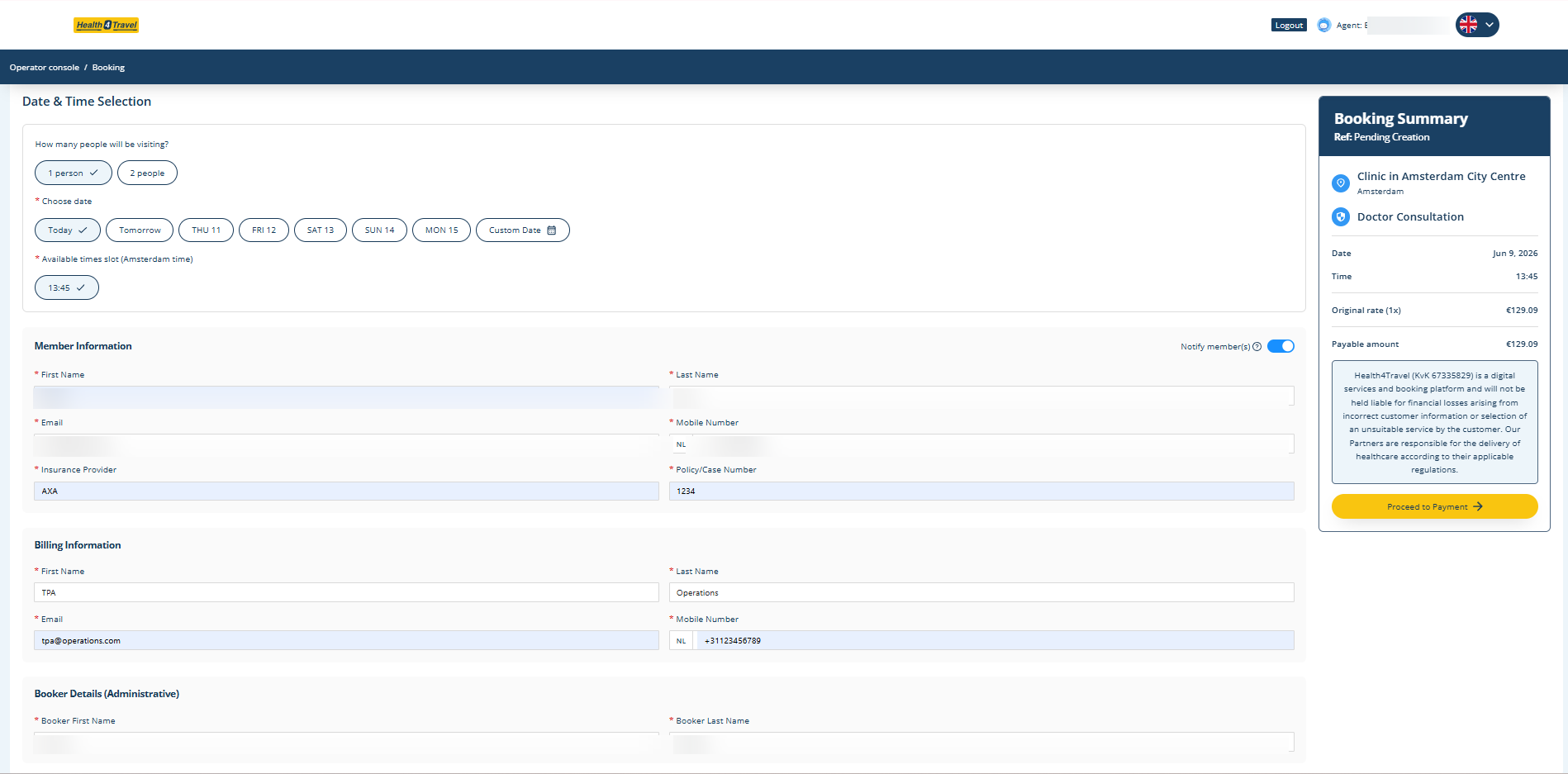 Agent Dashboard booking form with date and time selection and booking summary sidebar