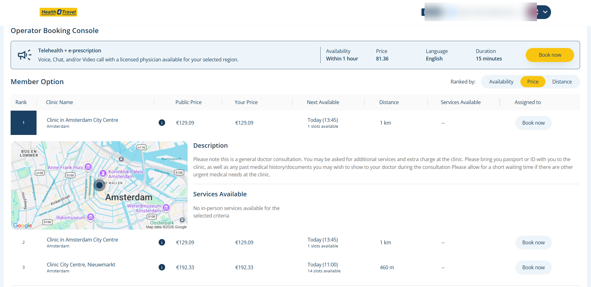 Agent Dashboard provider detail view with map, description and services